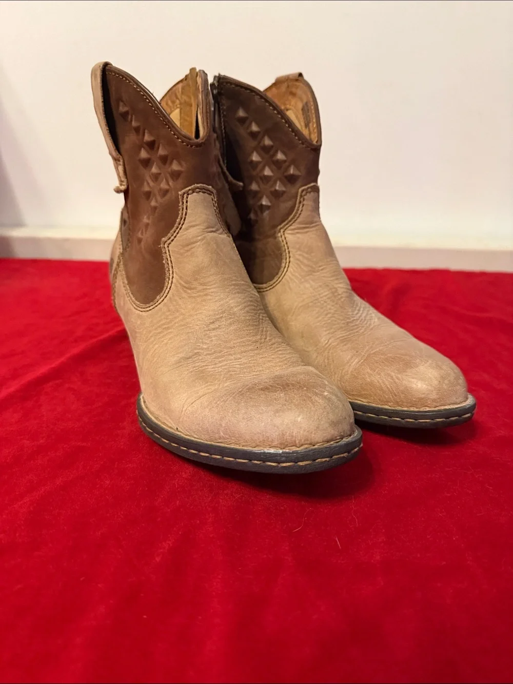 Born Women’s Two-Tone Tan Studded Western Ankle Boots